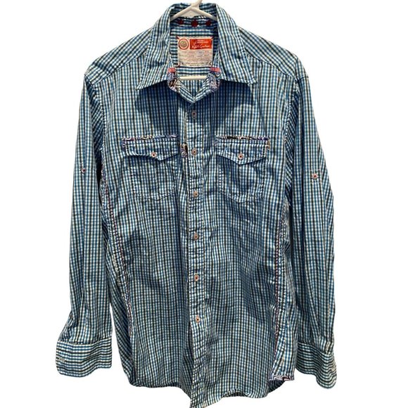 Robert Graham Dress Shirt Medium Long Sleeve, Blue stripes, Flap Pockets, Red Tr - Picture 1 of 4